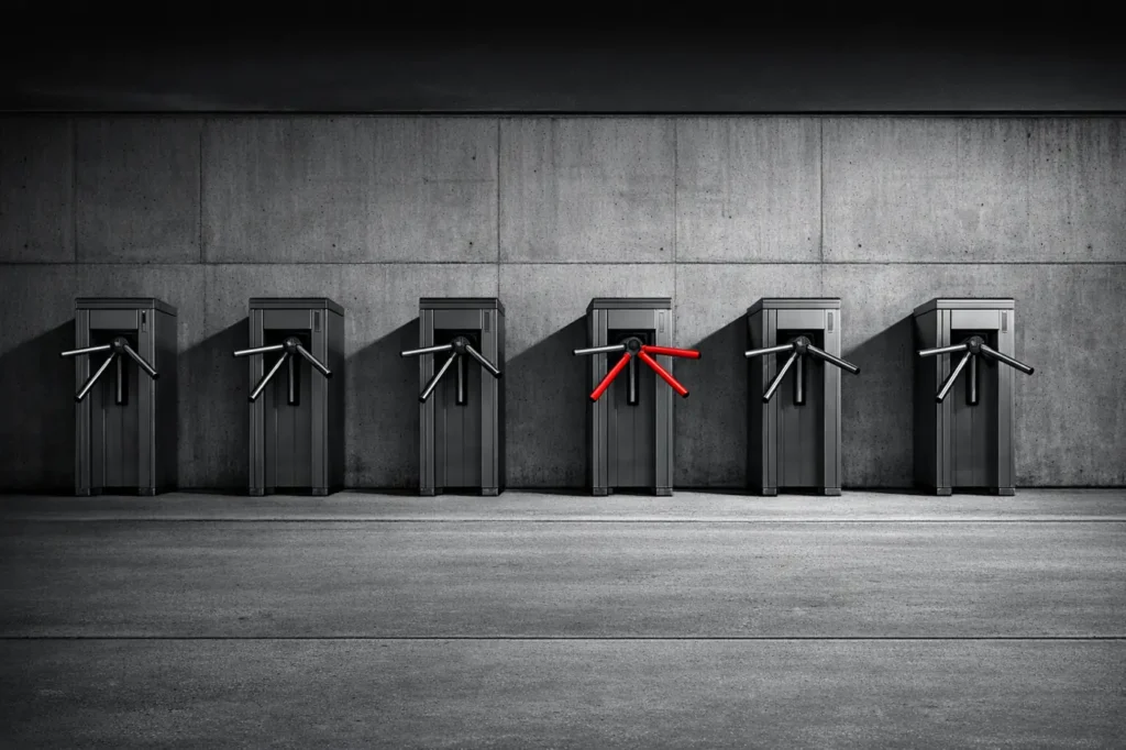 Six steel turnstiles in a row at an empty stadium entrance, one with red arms, every leg of an accumulator a gate the bet must pass