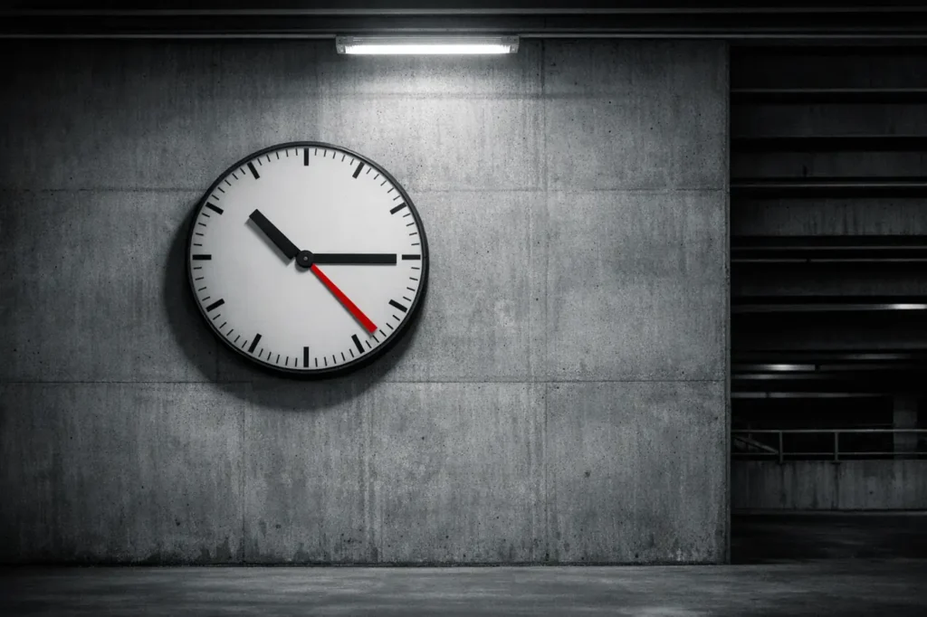 A plain stadium concourse clock on a concrete wall with a red second hand, time moving live betting prices